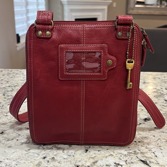 Fossil Handbags - Fossil Red Leather Crossbody Tote Organizer Bag ID Window Key Charm Y2K Purse
